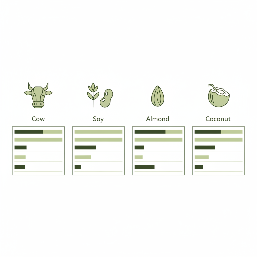 Welche Milch für Smoothies? Minimalistische 2D-Vektorinfografik mit Kuh-, Hafer-, Soja-, Mandel- und Kokos-Icons und grafischen Balken zu Protein und Cremigkeit.
