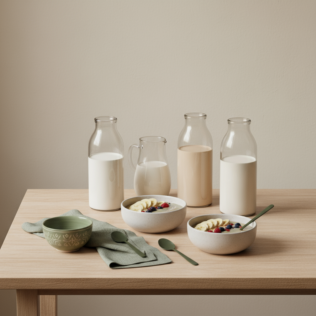 Welche Milch für Smoothies? Drei Milchsorten (Kuh-, Hafer-, Mandelmilch) neben Smoothie-Bowls in einer minimalistischen, heimeligen europäischen Küche.