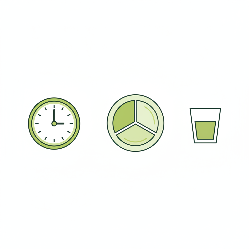 Infografik mit Uhr (17:00), Teller mit drei Portionen (Protein, Kohlenhydrate, Gemüse) und Wasserglas in Markenfarben; ab 17 Uhr nichts mehr essen