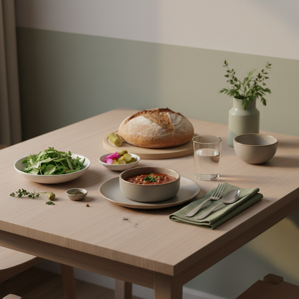 Vollbildaufnahme eines minimalistischen Küchentischs mit frühem Abendessen im ungarisch-rumänischen Stil, warme Lichtstimmung, dezente Markenfarben #dbdbcf und #a5cd8d, ab 17 Uhr nichts mehr essen