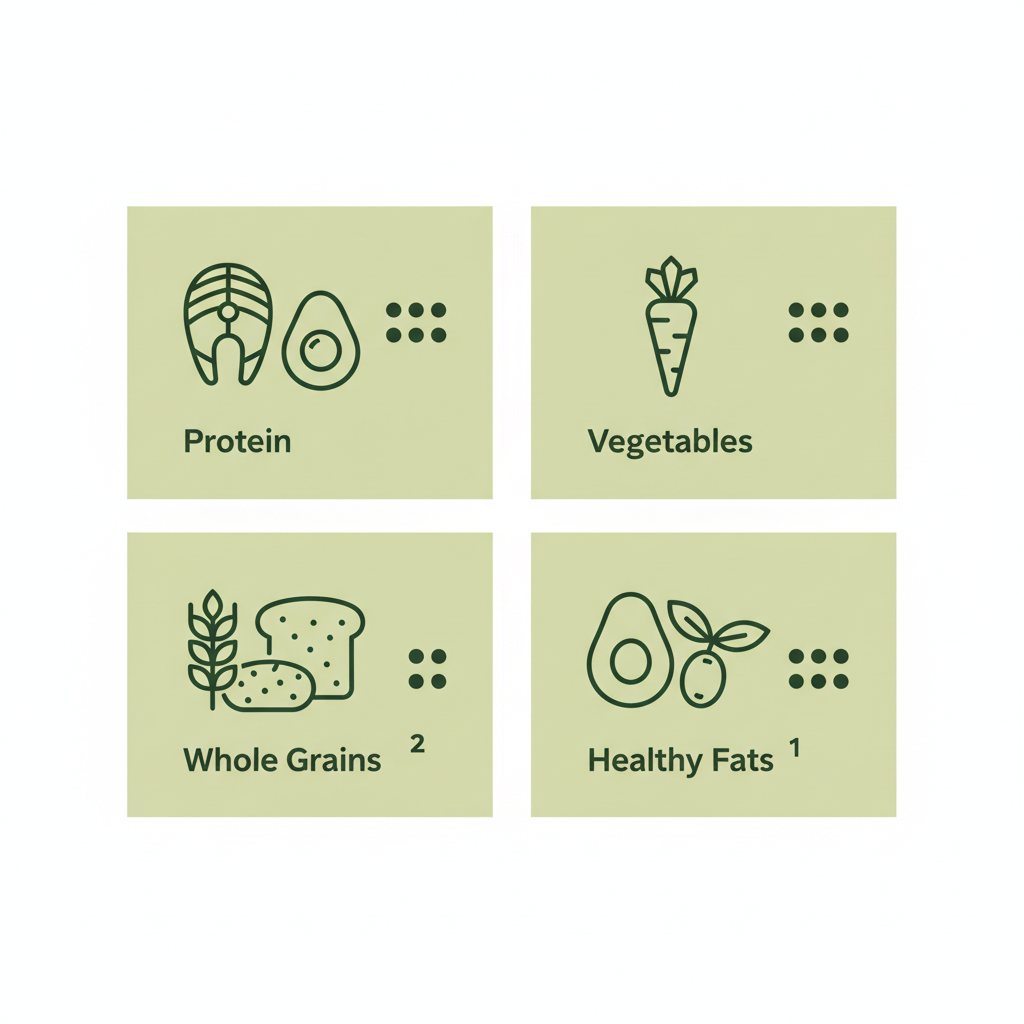 Minimalistische 2D-Vektorinfografik für ein proteinreiches Abendessen mit Icons für Protein, Gemüse, Vollkorn und gesunde Fette; Markenfarben #dbdbcf, #a5cd8d, #21431f
