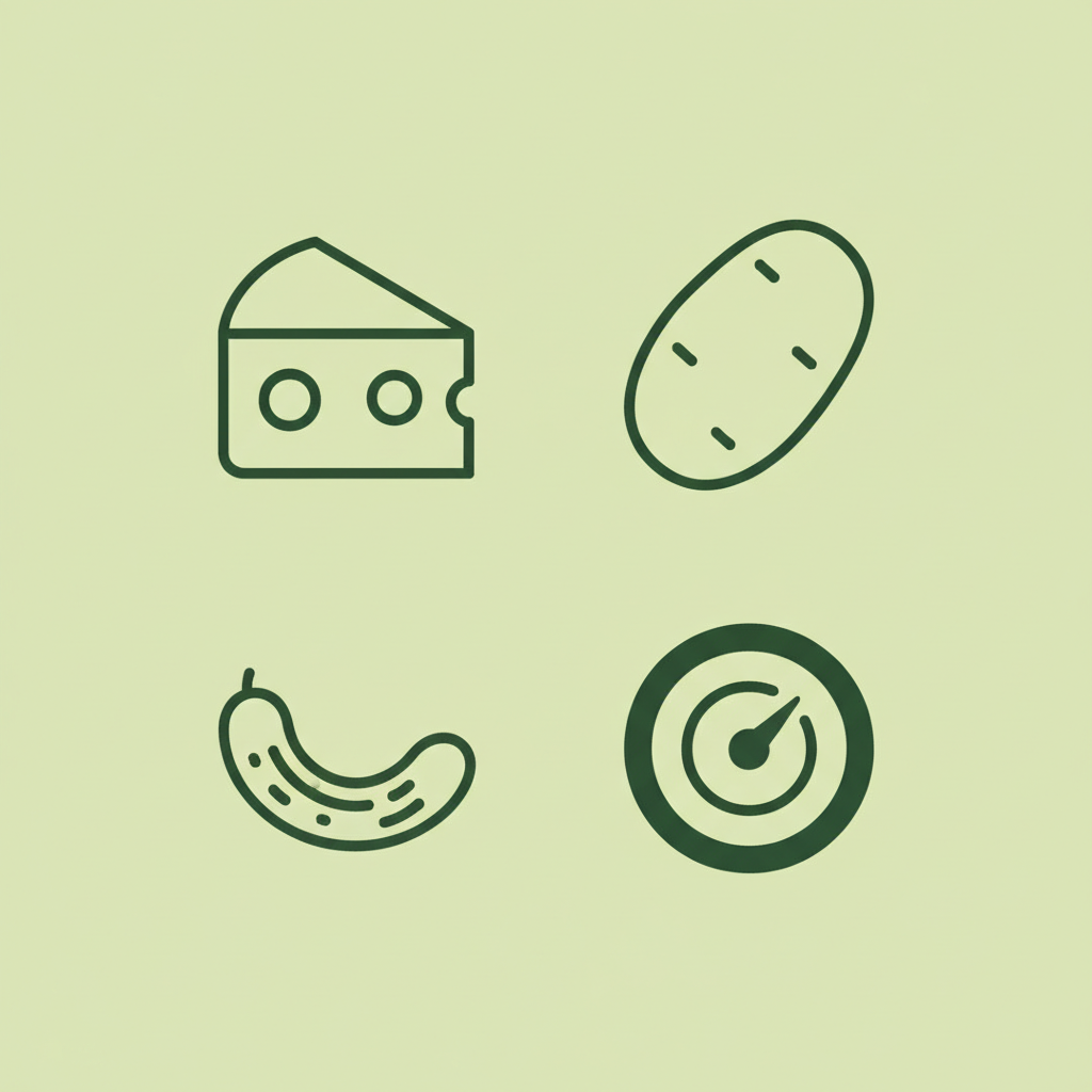 Minimalistische 2D-Vektor-Infografik mit Käse-, Kartoffel-, Cornichon- und Thermometer-Icons in Schnell-Lecker-Farben – Fokus Raclette Hauptzutat.