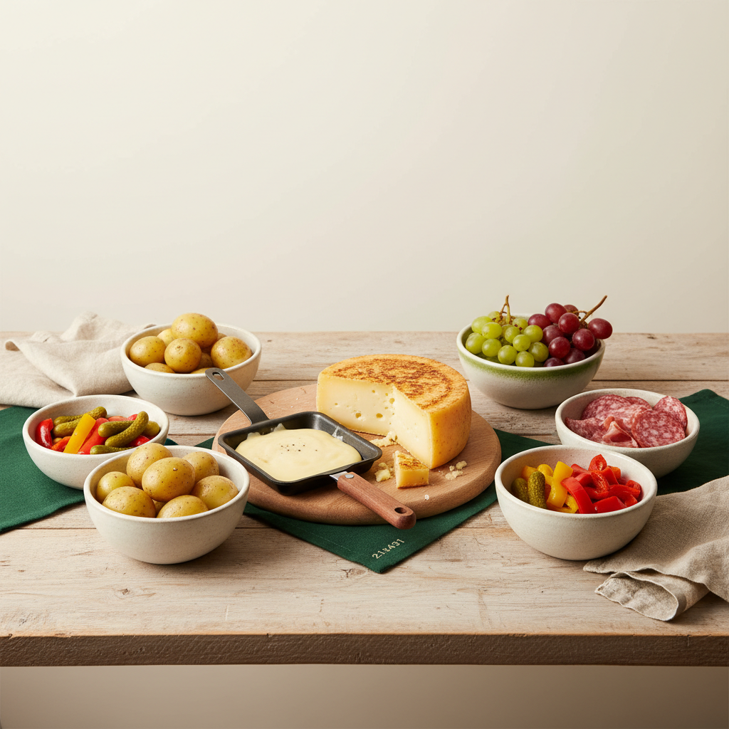 Heimelige Raclette-Tafel mit geschmolzenem Käse als Raclette Hauptzutat, Kartoffeln, Cornichons und Aufschnitt auf minimalistischem, warmem Hintergrund.