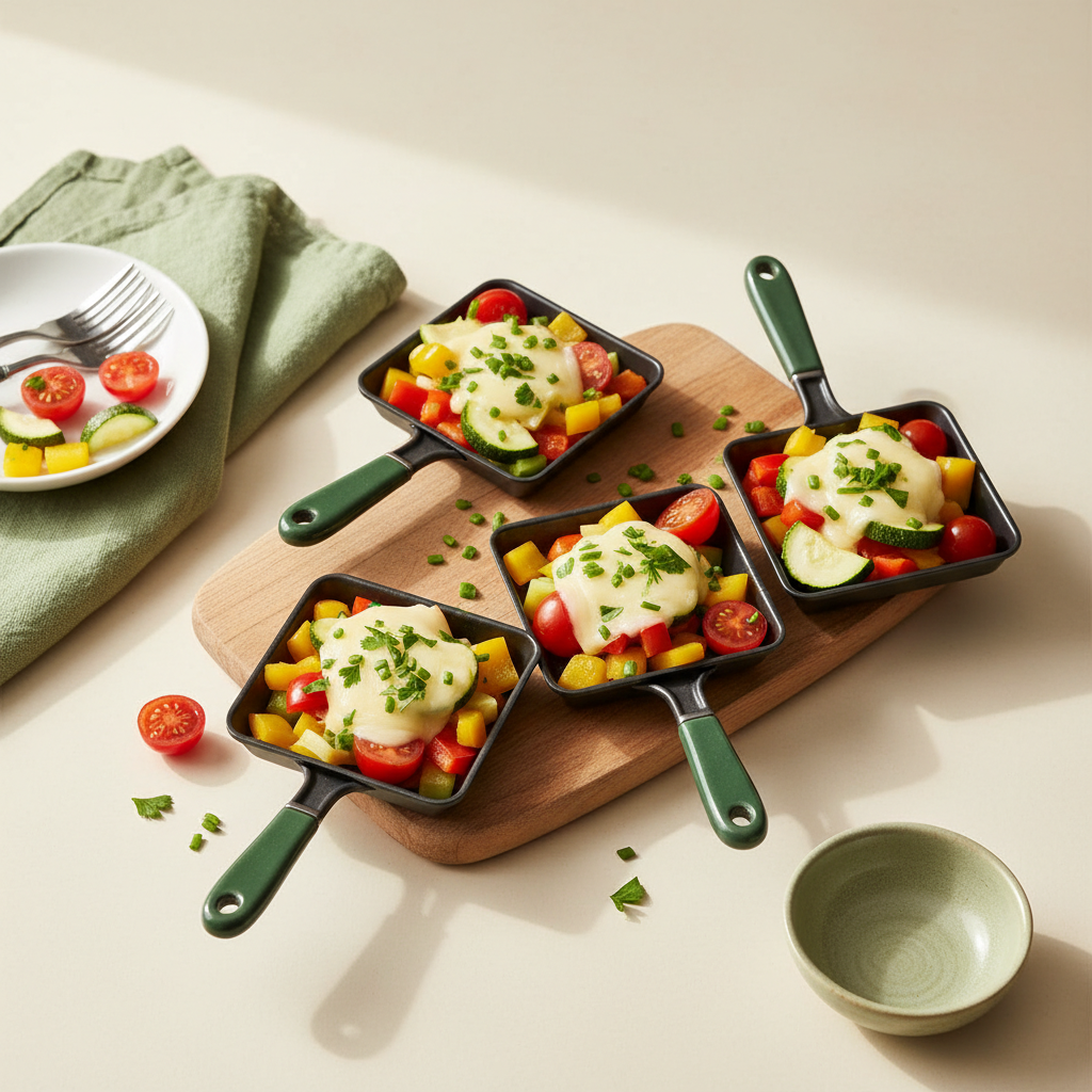 Minimalistisch arrangierte Raclettepfännchen mit buntem Gemüse, geschmolzenem Käse und frischen Kräutern auf #dbdbcf Hintergrund in Schnell Lecker Markenfarben.