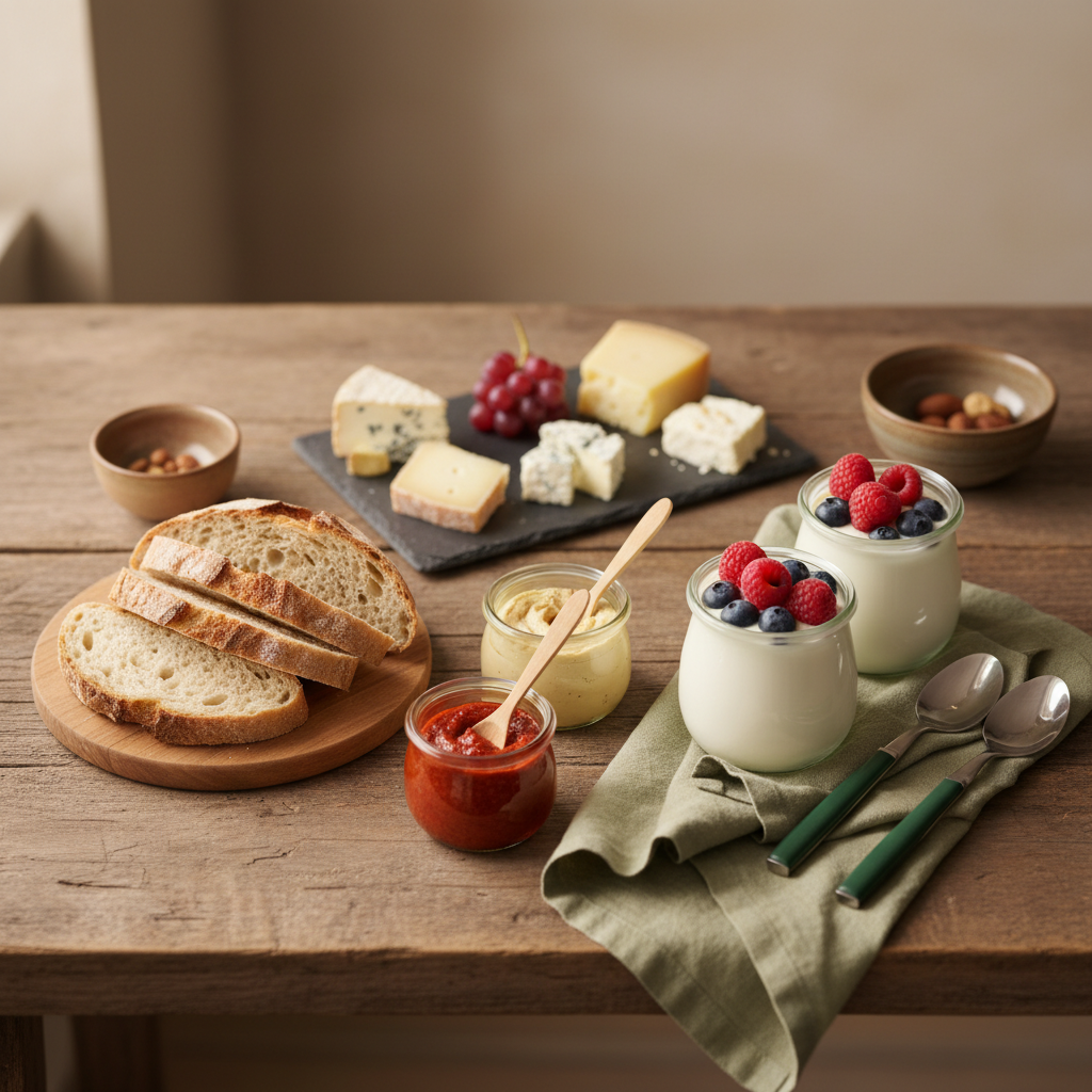 Gästefrühstück Ideen: Heimeliges europäisches Frühstück auf Holztisch mit Brot, Käseplatte, kleinen Aufstrichen und Joghurtgläsern mit Beeren, minimalistisches Layout, warme Töne