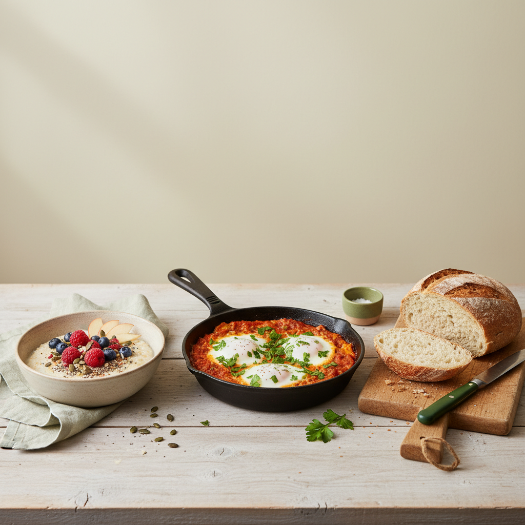 Vollformat, minimalistischer Frühstückstisch mit Porridge und frischen Früchten, Shakshuka in Pfanne und Vollkornbrot – warme Frühstücksideen im natürlichen Morgenlicht, dezente Akzentfarben.