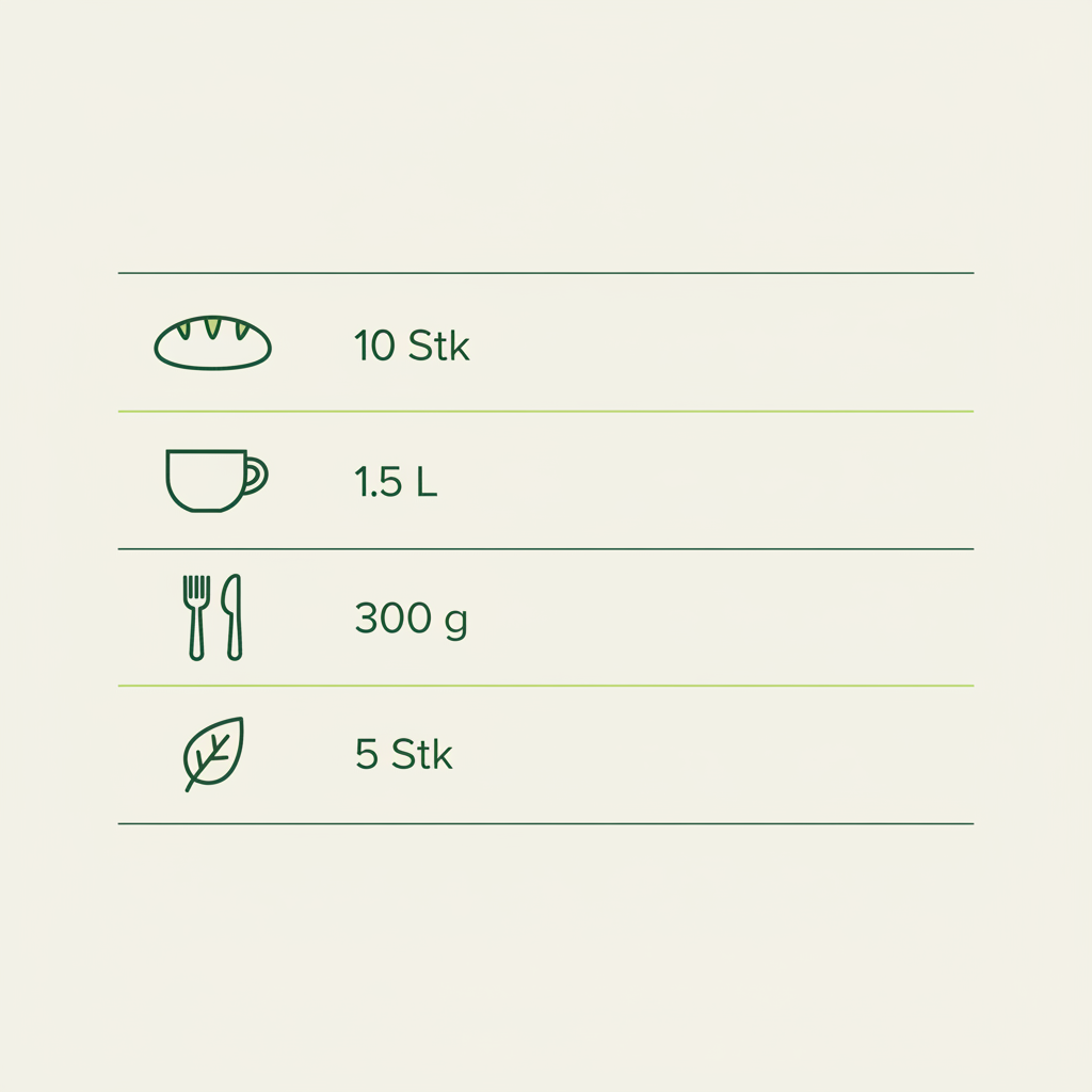 Minimalistische Vektor-Infografik mit Brot-, Tasse-, Gabel- und Blatt-Icons und kurzer Mengenliste für 10 Personen, ideal für ein Frühstücksbuffet.