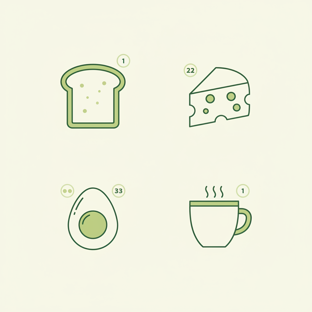 Minimalistische 2D-Vektor-Infografik mit vier Portionen-Icons (Brot, Käse, Ei, Kaffee) in Schnell Lecker Farbpalette zur Darstellung von Frühstück pro Person.