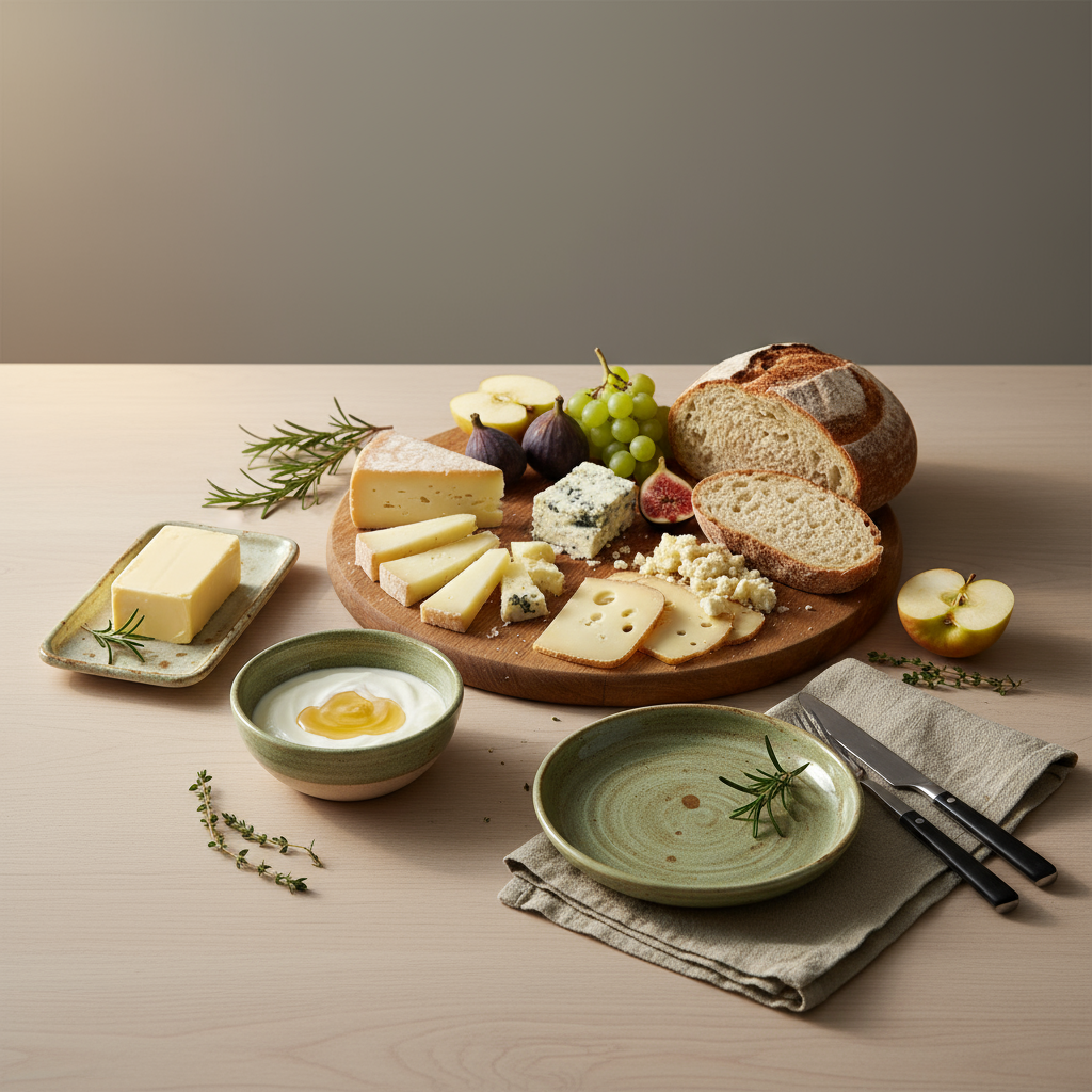Minimalistisches, gemütliches Frühstück pro Person auf Holztisch mit Brot, Käse, Joghurt, frischem Obst und dezenten grünen Akzenten in Markenfarben.