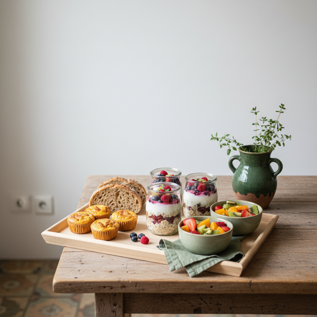 Heimisches Frühstück mit Vollkornbrot, Overnight‑Oats und Ei‑Muffins auf Holzbrett – schnelle Frühstücksideen für die Kita, minimalistisch, Markenfarben.