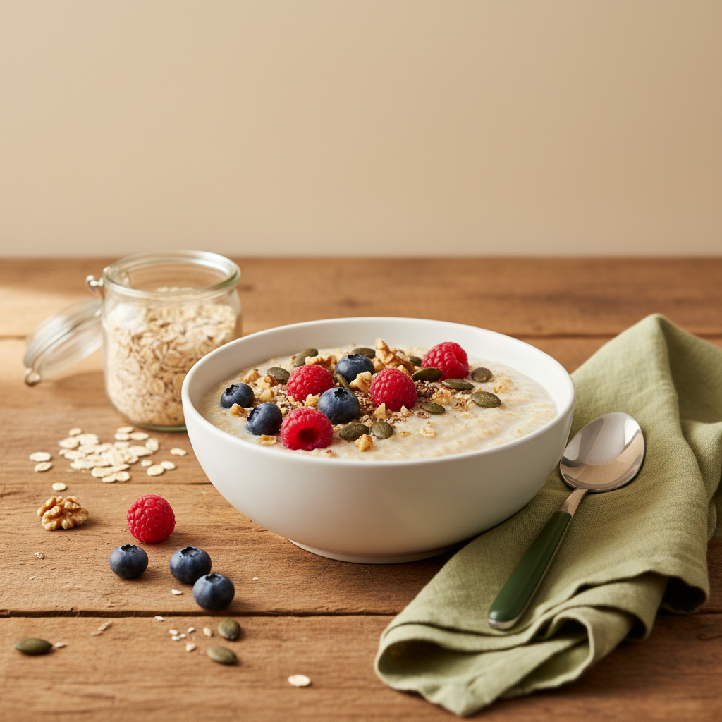 Porridge Rezept: Schüssel mit cremigem Porridge, Beeren und Nüssen auf hellem Hintergrund #dbdbcf, minimalistisches warmes Küchenstillleben.