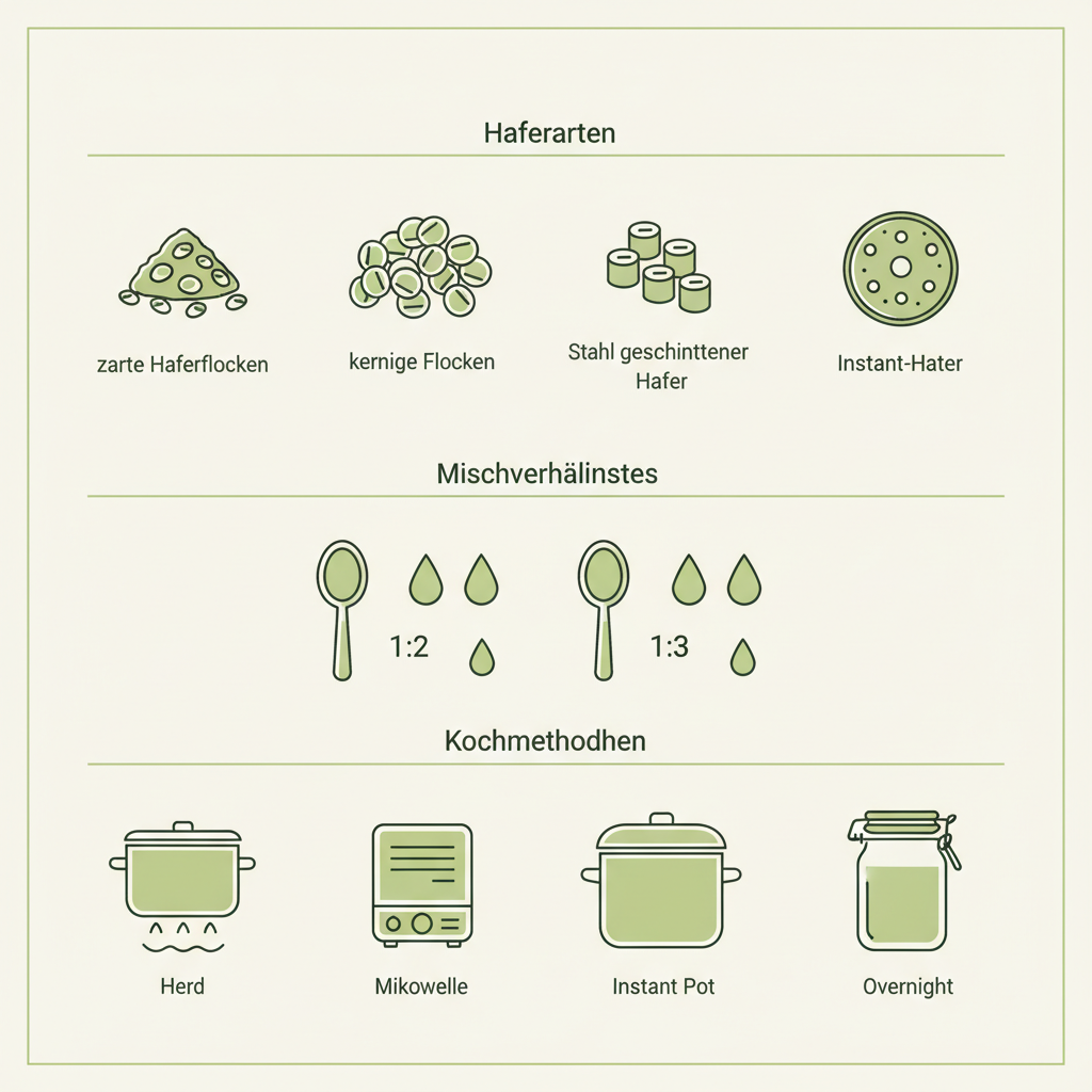 Porridge Rezept Infografik: minimalistische 2D Vektorillustration mit Haferarten, bildhaften Mischverhältnissen und Kochmethoden in Schnell Lecker Farben