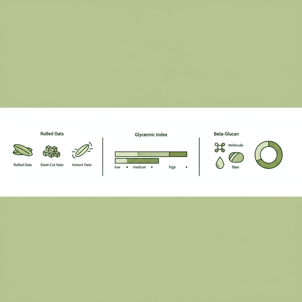 Minimalistische Vektor-Infografik zeigt Unterschied Haferflocken Porridge mit Icons für Haferarten, farbiger GI-Skala und Beta-Glucan-Donut ohne Texte