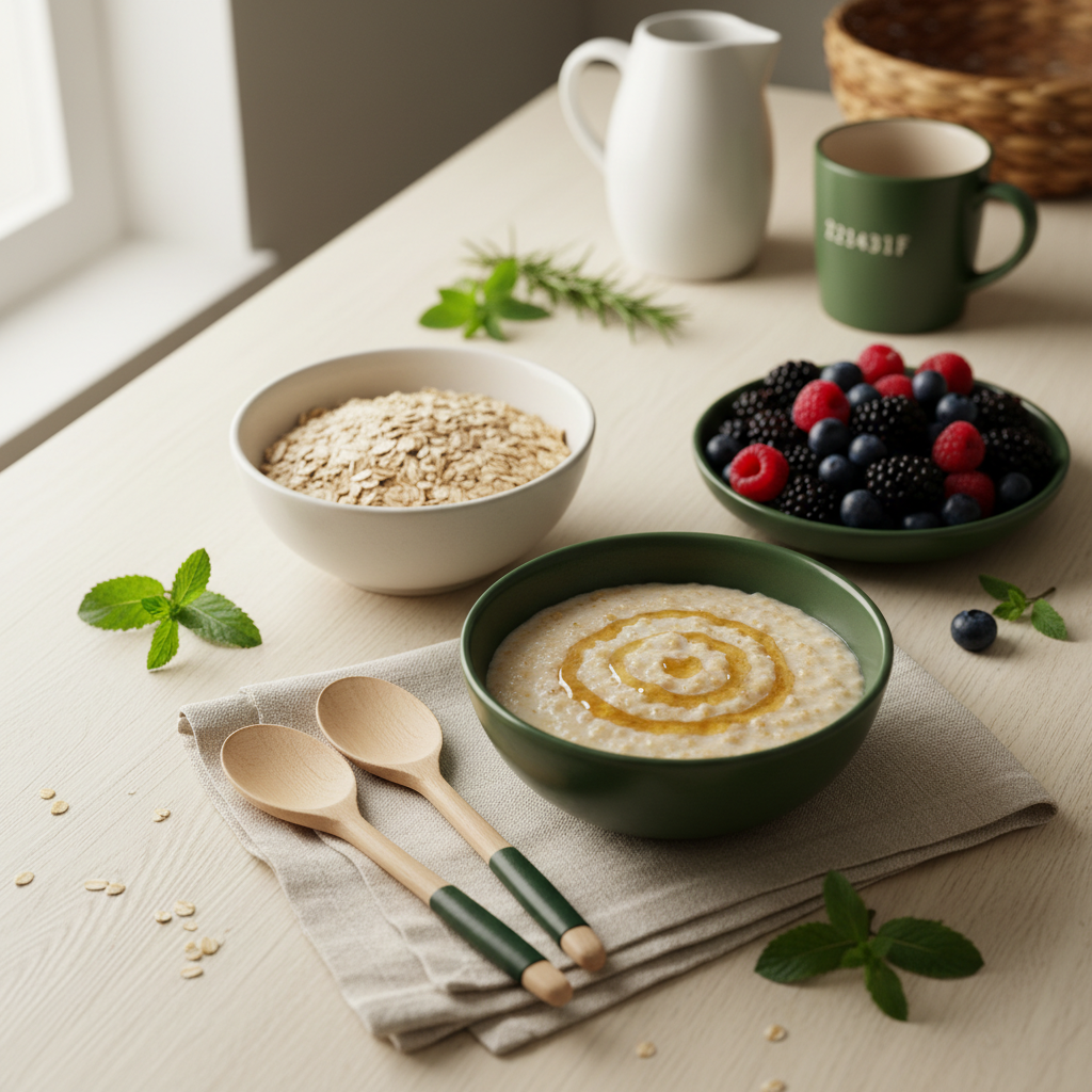 Unterschied Haferflocken Porridge: Vollformataufnahme zweier Schalen mit trockenen Haferflocken und cremigem Porridge auf hellem Hintergrund #dbdbcf, Akzent #a5cd8d, minimalistisch