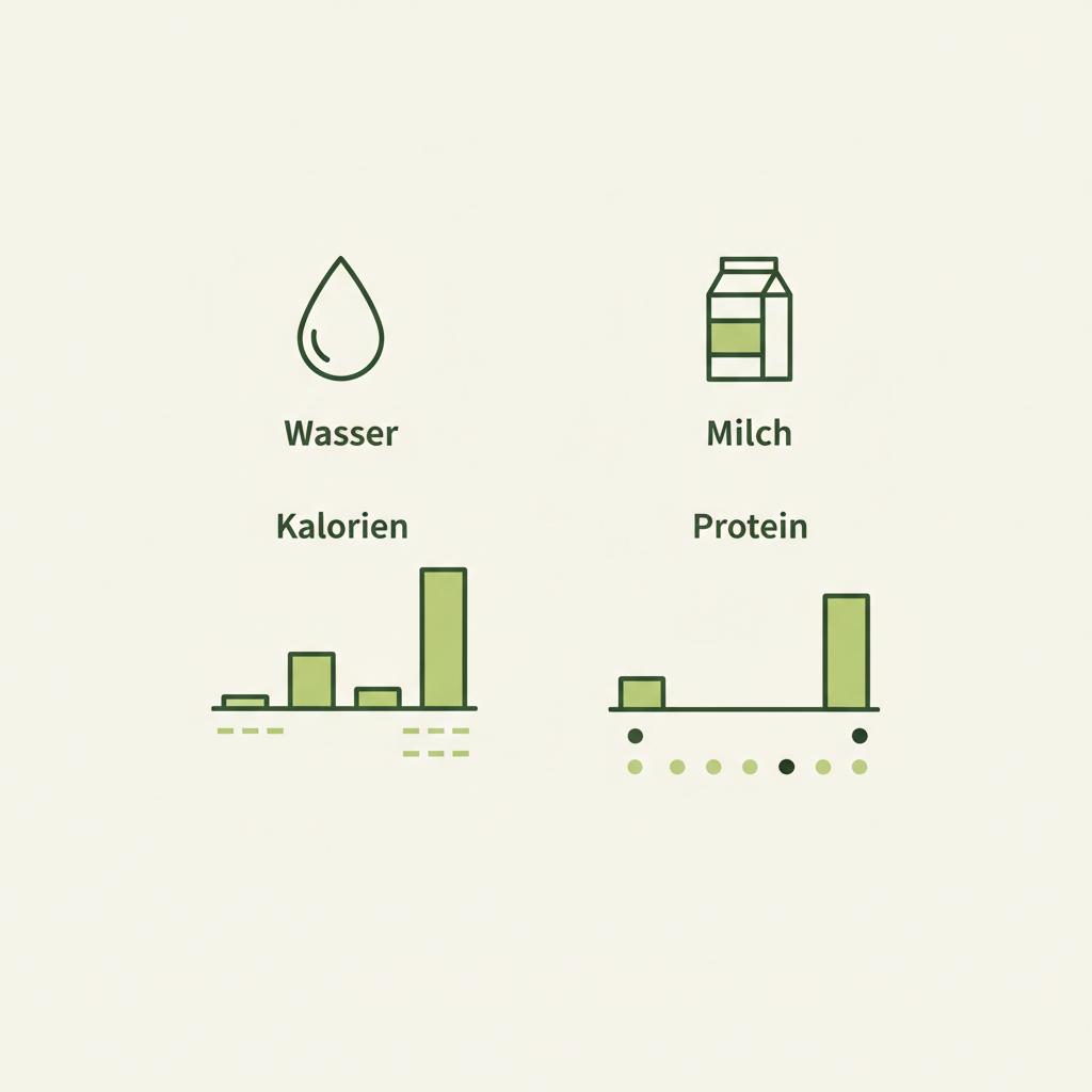 Minimalistische 2D-Vektor-Infografik zum Vergleich Kalorien und Eiweiß von Porridge mit Wasser oder Milch, zwei Icons (Wassertropfen, Milchflasche) und einfache Balkendiagramme
