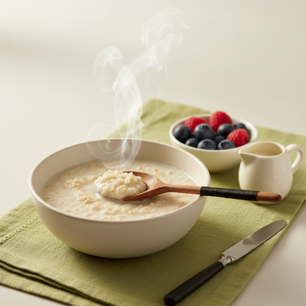 Dampfender Porridge mit Wasser oder Milch, Holzlöffel, Beeren und Milchgießer in einer minimalistischen, warmen europäischen Küche vor #dbdbcf Hintergrund mit #a5cd8d Akzenten