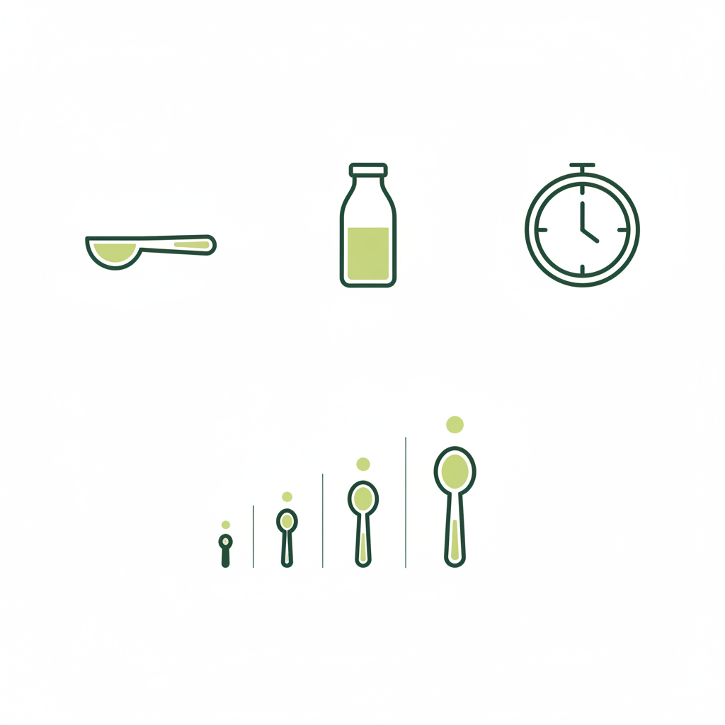 Minimalistische 2D Vektor-Infografik mit Esslöffel Haferflocken-Icon, Flasche, Zeit-Icon und visueller Legende mit drei Portionengrößen (keine Texte)