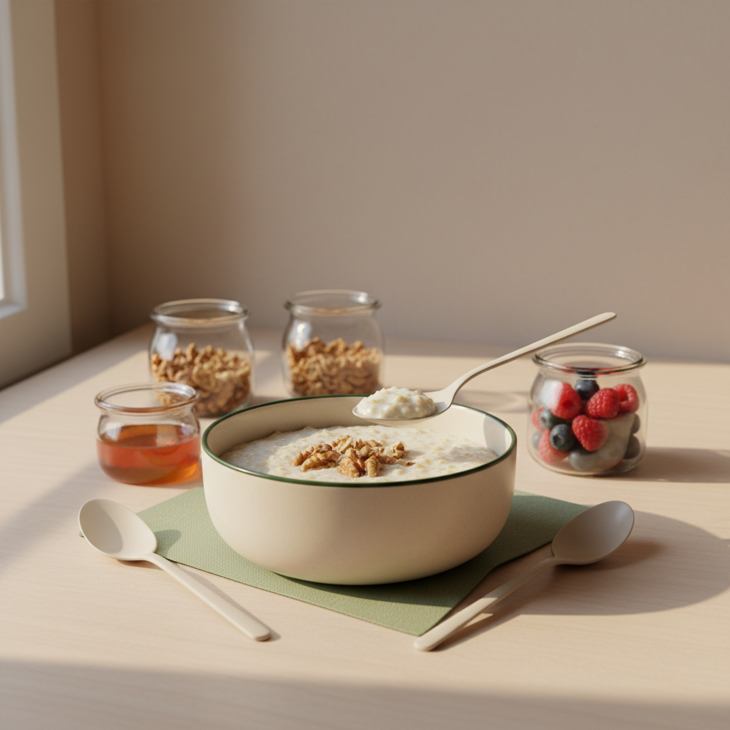 Schüssel Porridge mit Esslöffel Haferflocken, Löffel und kleinen Gläsern mit Nüssen und Beeren in minimalistischer, warmer Küchen-Szene in Schnell Lecker Farbwelt.