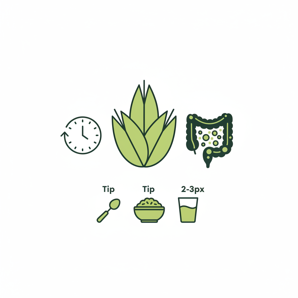 Minimalistische Vektor-Infografik mit Haferflocken-Icon, Darmmikrobiom, Uhr für langsames Einführen und drei Tipp-Icons in Schnell-Lecker-Farben