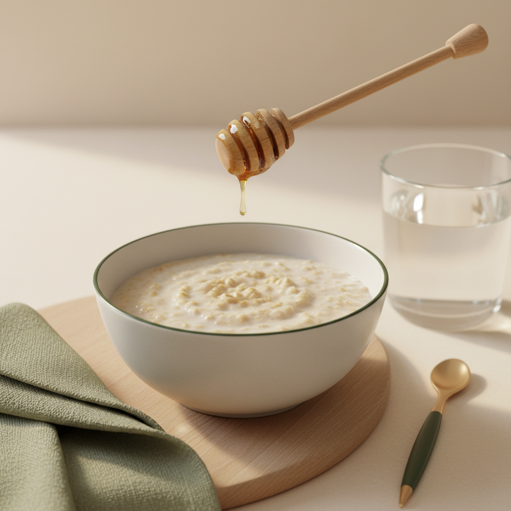 Minimalistisches Frühstück mit Haferflocken-Porridge in Schale, Honiglöffel, Glas Wasser und Leinenserviette vor hellem Hintergrund #dbdbcf