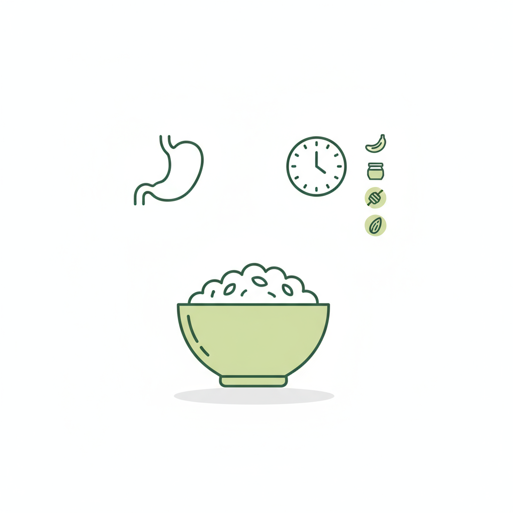 Ist Porridge gut für den Darm? Minimalistische 2D-Vektor-Infografik mit Haferflocken-Schale, Uhr für Zeitersparnis, Darm-Icon und Zutaten-Icons in Markenfarben.