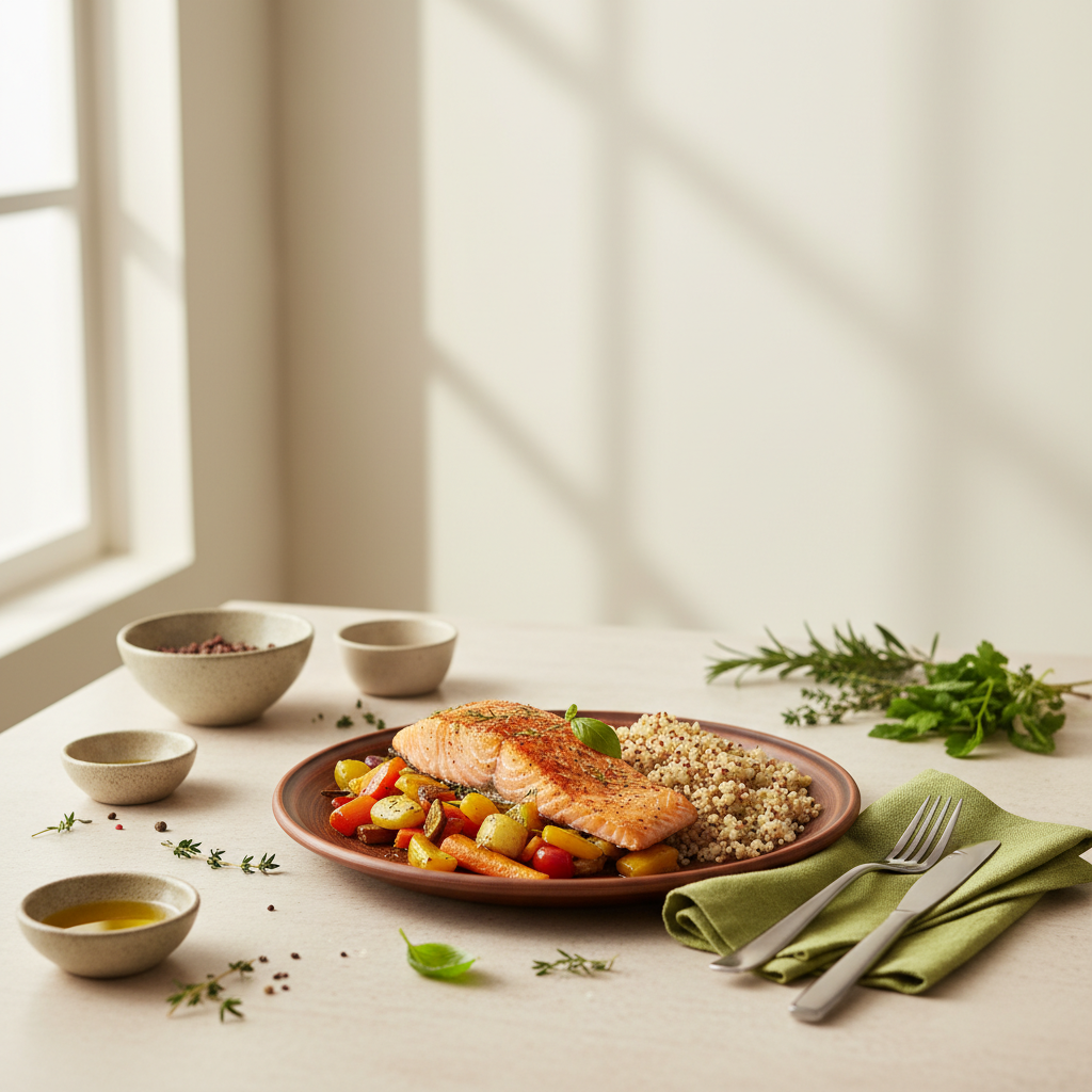 Heimische Küchenszene mit Teller aus Lachs, Ofengemüse und Quinoa auf minimalistischem Hintergrund – Lebensmittel bei Arthrose vermeiden