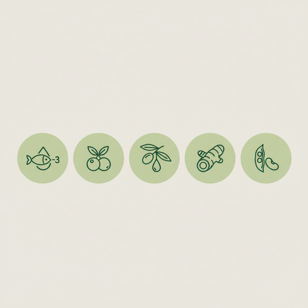 Minimalistische 2D-Vektor-Infografik mit Icons zu Lebensmitteln gegen Arthrose: Omega-3, Beeren, Olivenöl, Kurkuma, Hülsenfrüchte in Markenfarben.