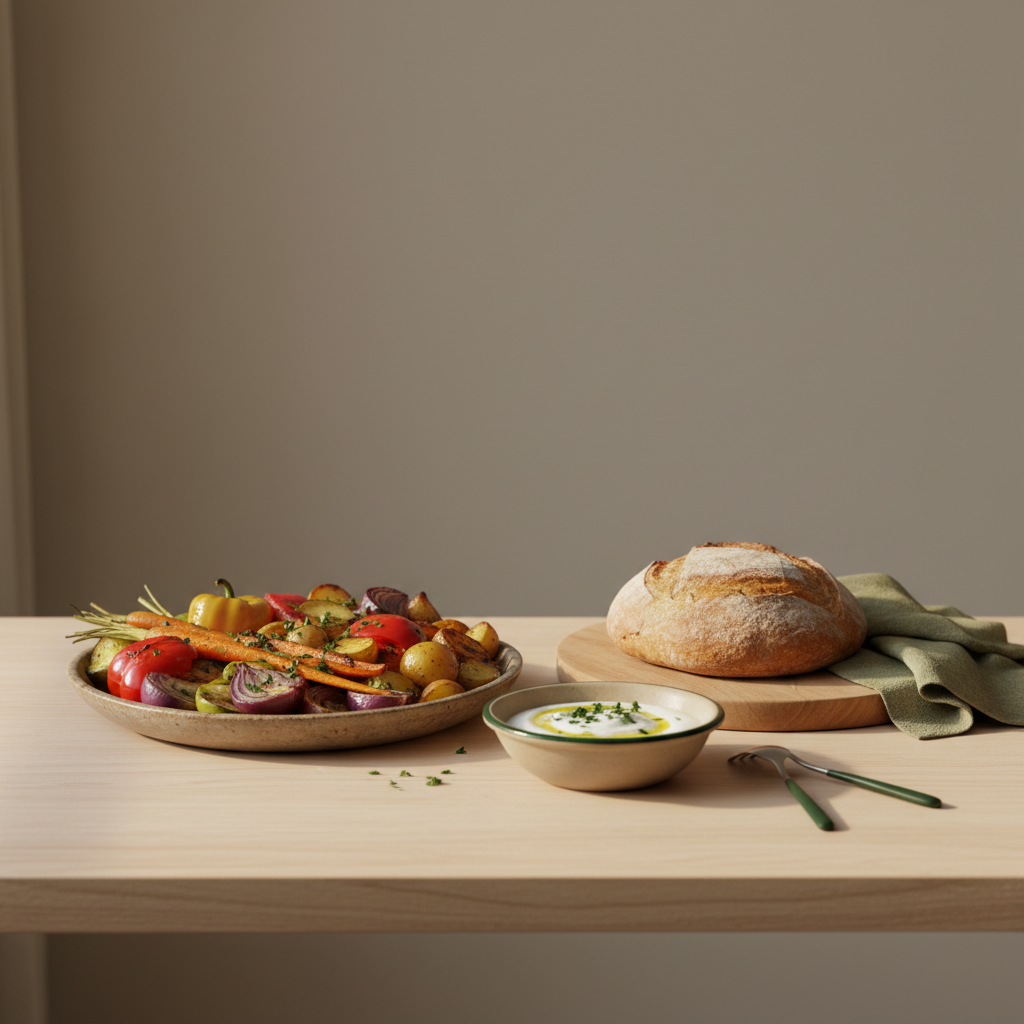 kein Joghurt bei Arthrose: Heimelige europäische Küchenaufnahme mit Ofengemüse, Brot und einer Schale pflanzlichen Joghurts vor Hintergrund #dbdbcf und Akzenten #a5cd8d