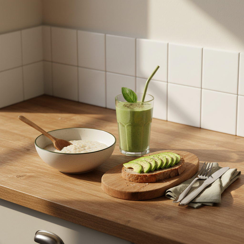 Vollbild-Frühstück mit Haferbrei, grünem Smoothie und Avocado-Toast auf hellem Hintergrund #dbdbcf, dezente Akzente #a5cd8d – Was soll man frühstücken bei Arthrose