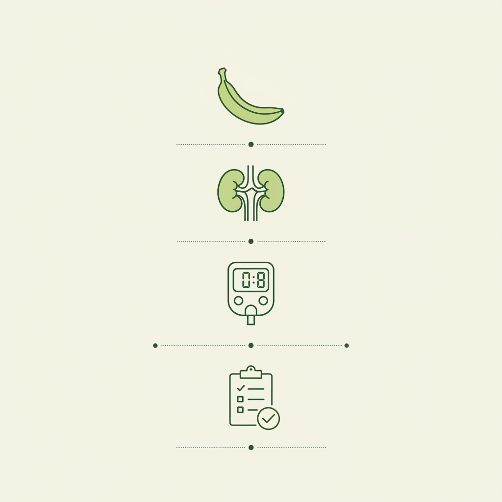 Minimalistische Vektor-Infografik mit Banane, Niere, Blutzuckermessgerät und Checkliste, passend zu bananen arthrose
