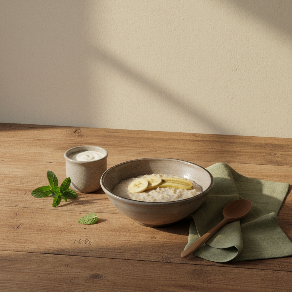 Frühstück mit halbierter Banane auf Haferbrei, Joghurtglas, Löffel und rustikalem Geschirr in sauberer, warmer Küche – bananen arthrose