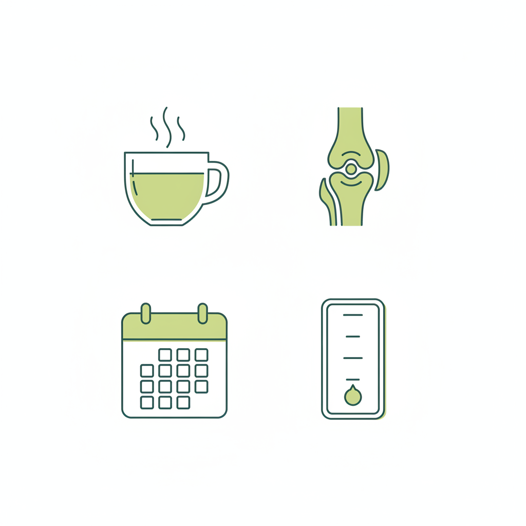 Ist Kaffee bei Arthrose erlaubt: minimalistische 2D-Vektor-Infografik mit Icons Kaffeetasse, Gelenk, Kalender und Koffeinmesser in Markenfarben