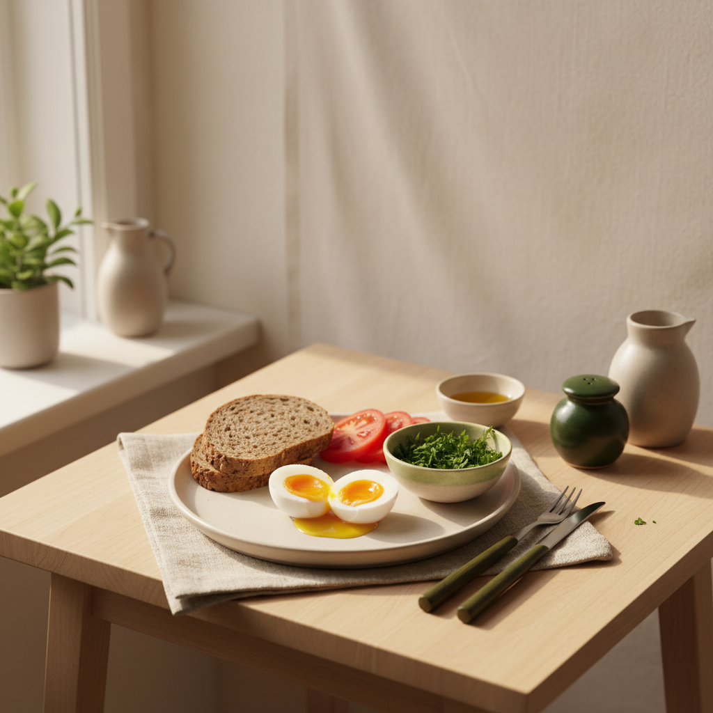 Heimeliges Frühstück mit Ei, Vollkornbrot, Tomaten und Kräutern in Schnell Lecker Farben – Eier und Arthrose, nährstoffreiches Gelenk-freundliches Gericht