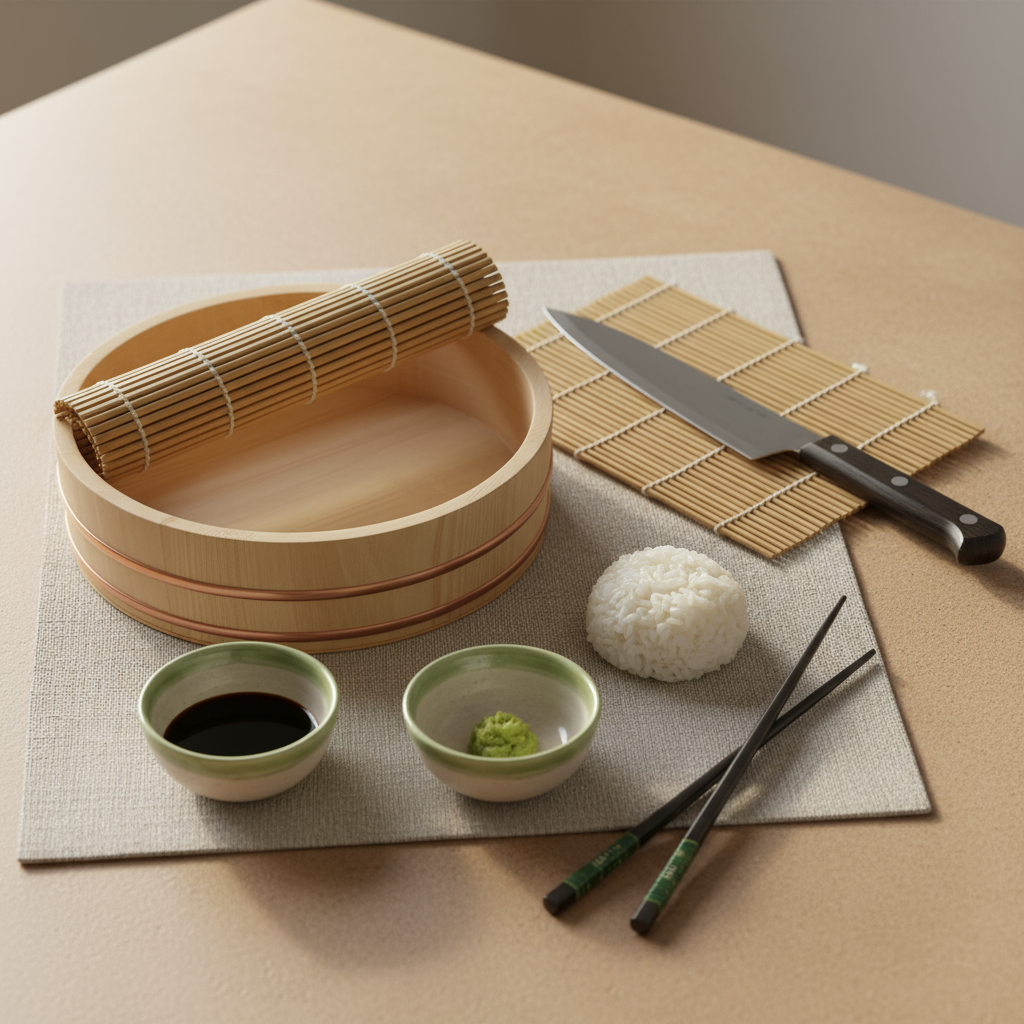 Sushi machen Anleitung – Vollbild einer gemütlichen europäischen Küchenarbeitsplatte mit Hangiri, Bambusmatte, scharfem Messer, Sojasauce und Wasabi, minimalistisch angeordnet.