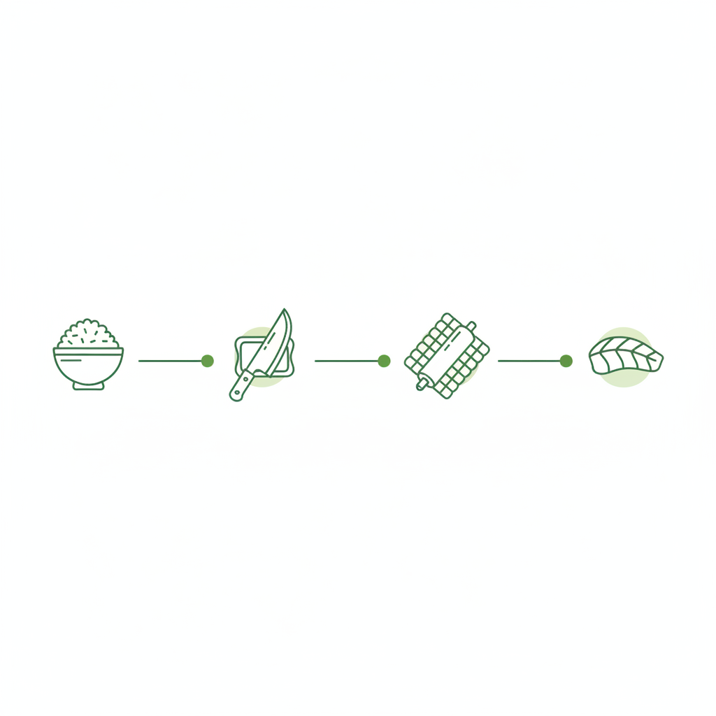 Vektor-Infografik mit Icons für Reis, Nori, Messer, Bambusmatte und Fisch als visuelle Sushi machen Anleitung, minimal im Schnell Lecker Farbstil.