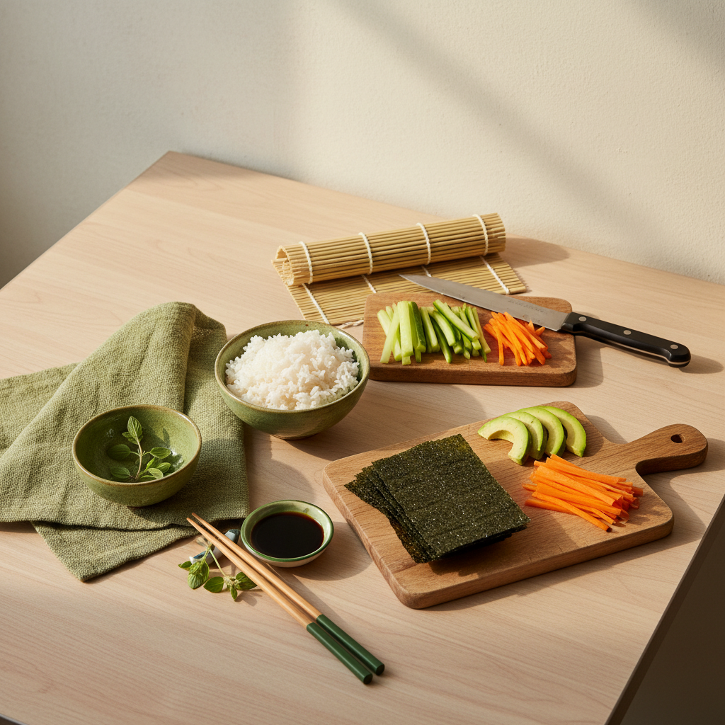 Welches Sushi für Anfänger? Heimeliges, minimalistisches Küchen-Setup mit Reis, Nori-Blättern und frischem Gemüse vor #dbdbcf Hintergrund mit dezenten #a5cd8d Akzenten.