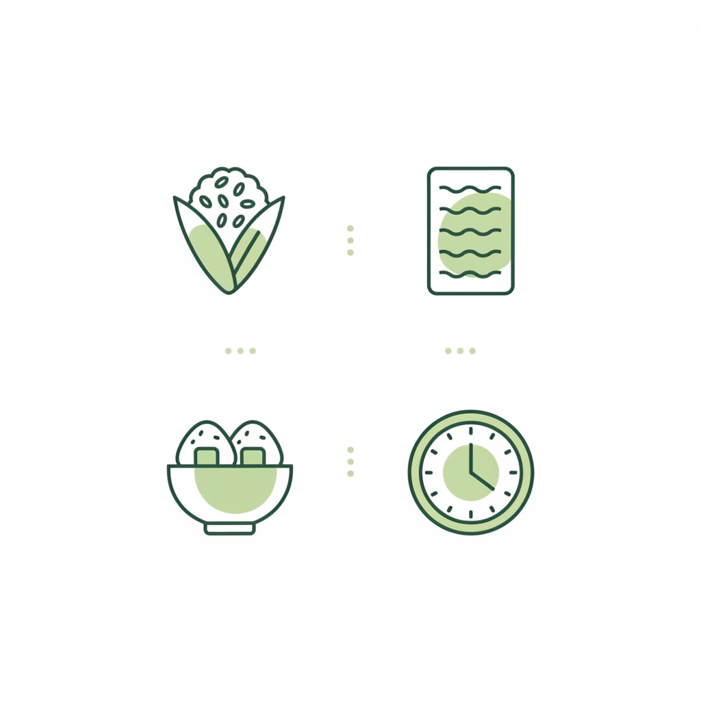 Minimalistische 2D-Vektor-Infografik mit Reis-, Nori-, Bowl- und Uhr-Icons in Schnell Lecker Farben, passend zu Welches Sushi für Anfänger?