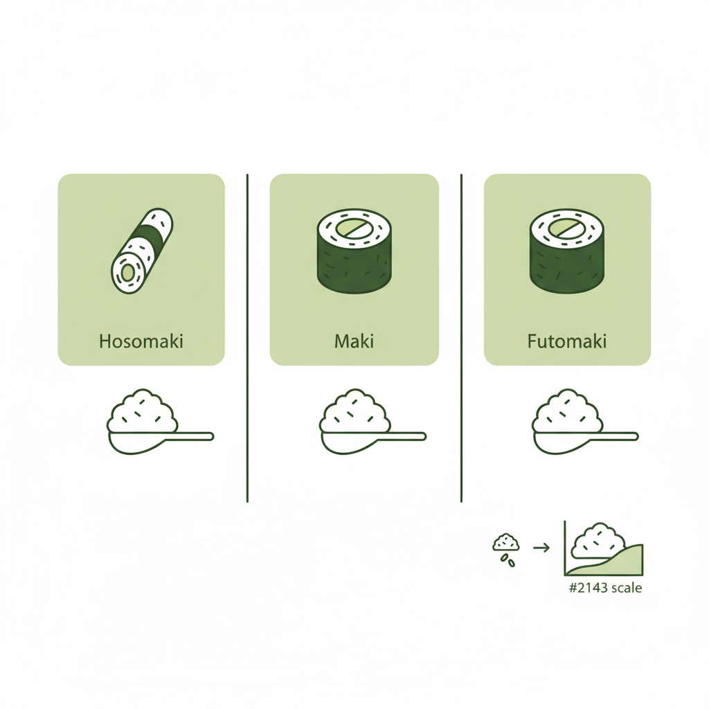 Wie viel Sushireis für 10 Blätter – minimalistische 2D-Vektor-Infografik mit drei Spalten (Hosomaki, Maki, Futomaki), proportionalen Reismengen-Icons und kleinem Roh→gekocht-Diagramm