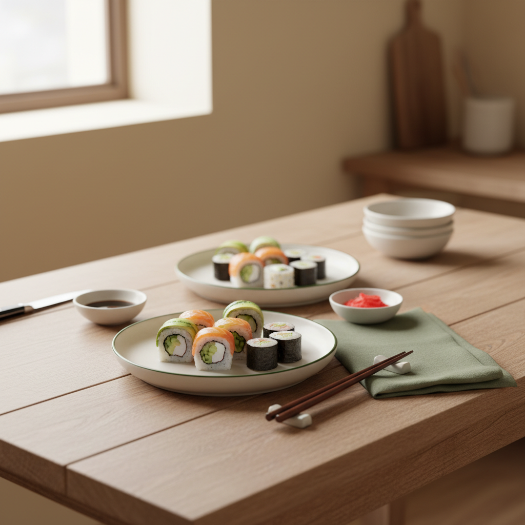 Was darf bei Sushi nicht fehlen: minimalistisch gedeckter Holztisch mit Sushi, Sojasauce, Wasabi und Essstäbchen vor warmem #dbdbcf Hintergrund