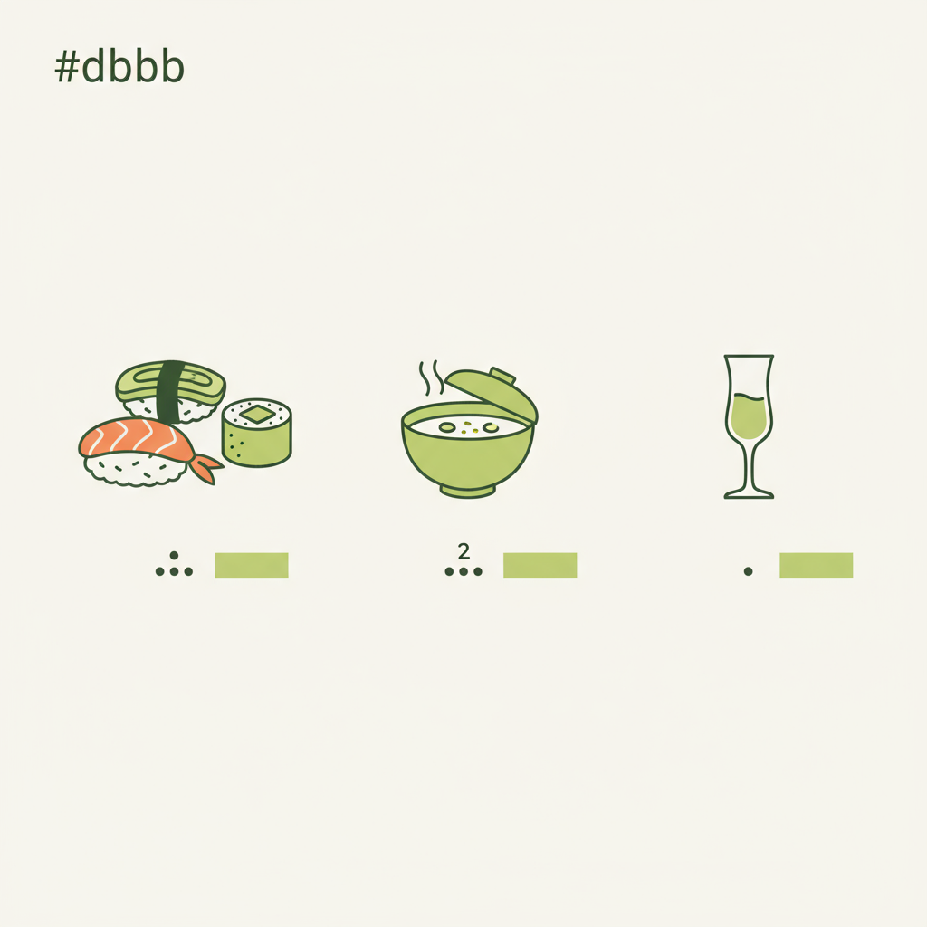 Flache Vektor-Infografik: Was reicht man zum Sushi — drei Sushi-Icons, Miso-Schale, Sake-Glas und Punkt-Indikatoren in Markenfarben.