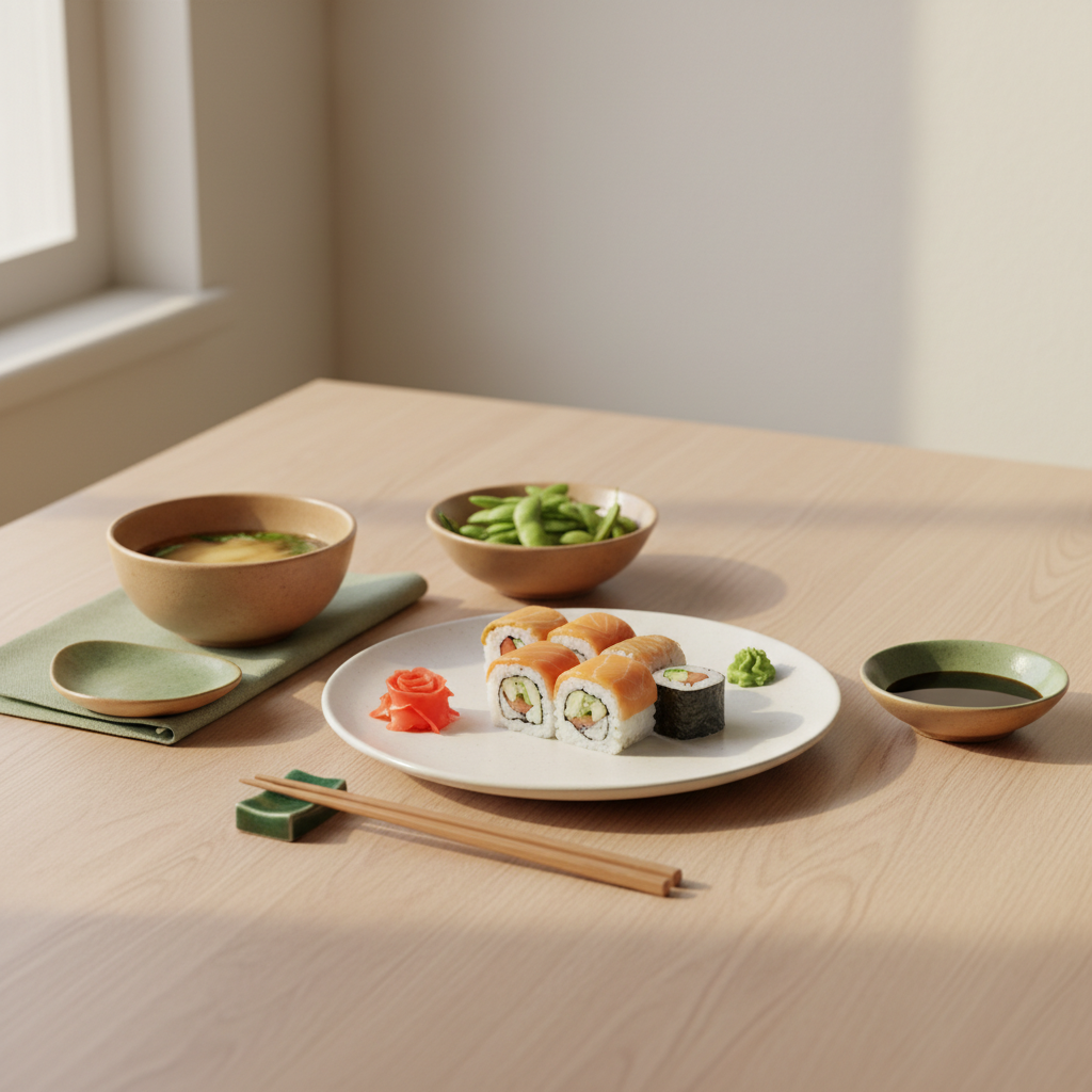 Was reicht man zum Sushi – minimalistischer europäischer Küchentisch mit Sushi, kleinen Schalen Miso und Edamame, warmes Fensterlicht, Hintergrund #dbdbcf, Akzente #a5cd8d