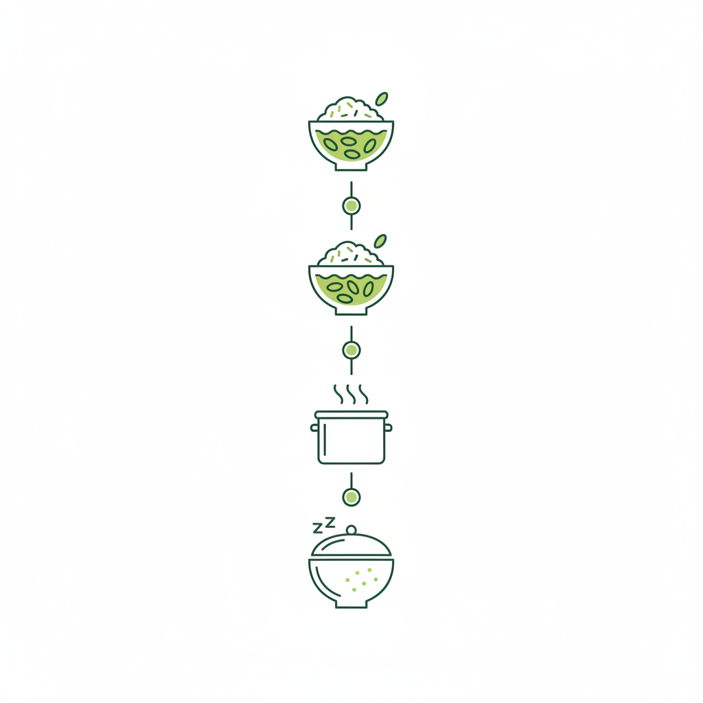 Minimalistische vertikale Infografik in Schnell-Lecker-Farben mit fünf Vektor-Icons für Sushireis: Waschen, Einweichen, Kochen, Ruhen, Würzen (keine Texte).