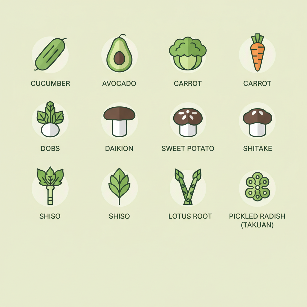 Minimalistische Vektor-Infografik mit zehn Gemüsesorten für Sushi (z. B. Gurke, Avocado, Karotte, Daikon, Shiitake) in Schnell-Lecker-Farben, Gemüse in Sushi