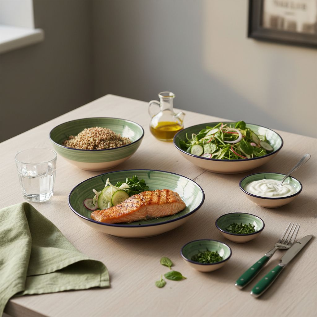 Abendessen mit gegrilltem Lachs, Quinoa, frischem Salat und kleinen Gewürzschalen auf schlichtem Holztisch, warme Beleuchtung, Hintergrund #dbdbcf und Akzente #a5cd8d.