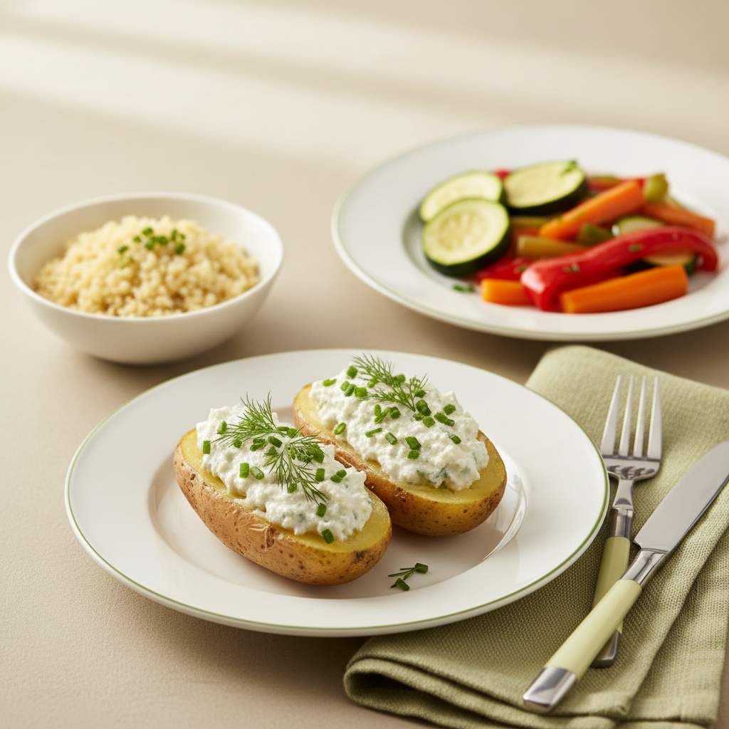 Was ist leichte Kost am Abend? Ofenkartoffel mit Kräuterquark, kleines Schälchen Hirsebrei und gedünstetes Gemüse auf minimalistischem, warmem Hintergrund #dbdbcf