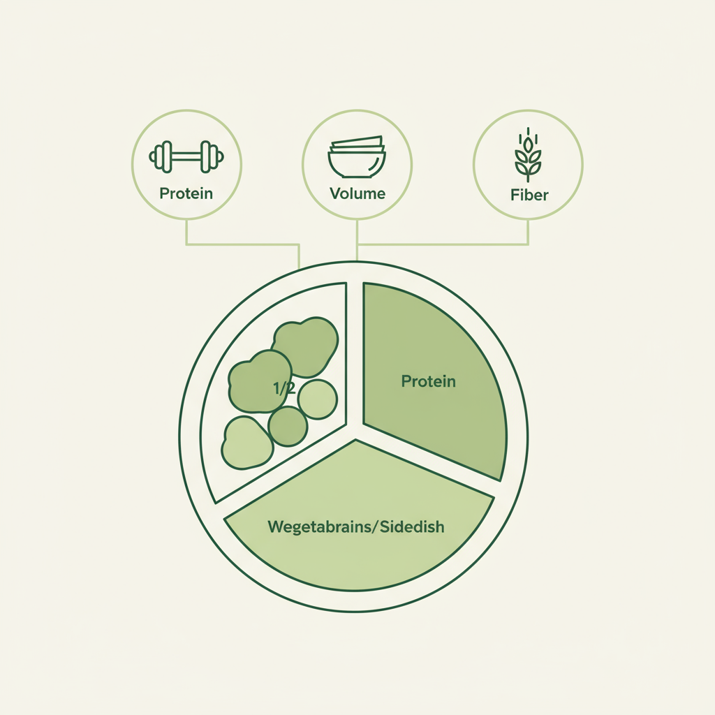 Vektor-Infografik mit Telleraufteilung 1/2-1/4-1/4 und Icons für Protein, Volumen und Ballaststoffe, minimalistisches Design — Abendessen zum Abnehmen