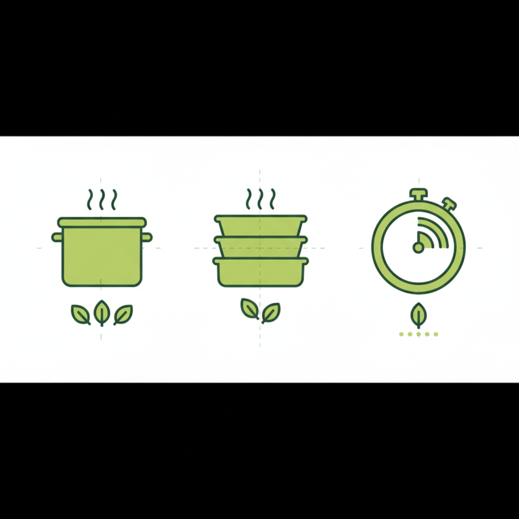 Minimalistische 2D-Vektor-Infografik zum Thema wie lange brokkoli kochen mit drei Icons (Topf, Dampfgarer, Timer-Arcs) in Schnell-Lecker-Farben.