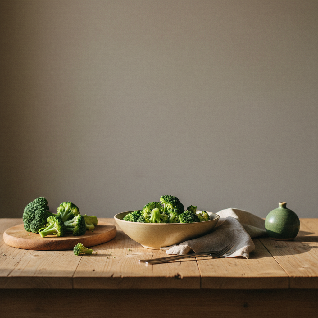 wie lange brokkoli kochen: Heimisches Esstisch-Setting mit gedämpftem Brokkoli in weißer Keramikschale, Holzbrett, Leinenserviette in #a5cd8d vor Hintergrund #dbdbcf.