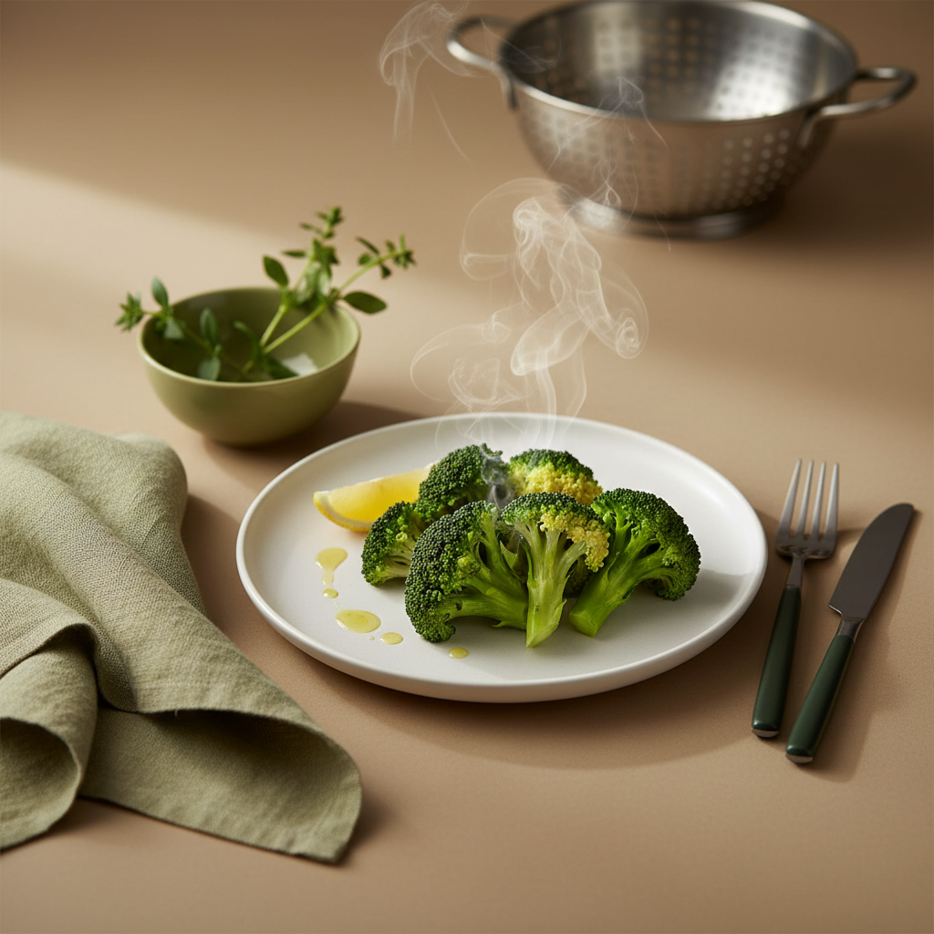 Gedämpfter Brokkoli auf schlichtem Teller in minimalistischem, heimeligem Küchen-Setting – Brokkoli dämpfen im Fokus, Hintergrund #dbdbcf, Akzent #a5cd8d.