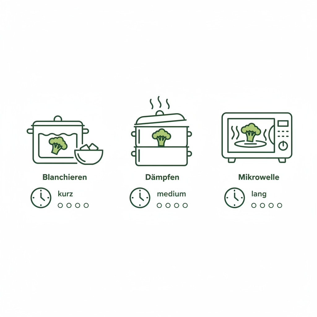 Minimalistische 2D-Vektor-Infografik: Blanchieren vs Dämpfen vs Mikrowelle mit Icons und Uhrenpiktogrammen in Schnell Lecker Farbstil, wie viel wasser zum brokkoli kochen
